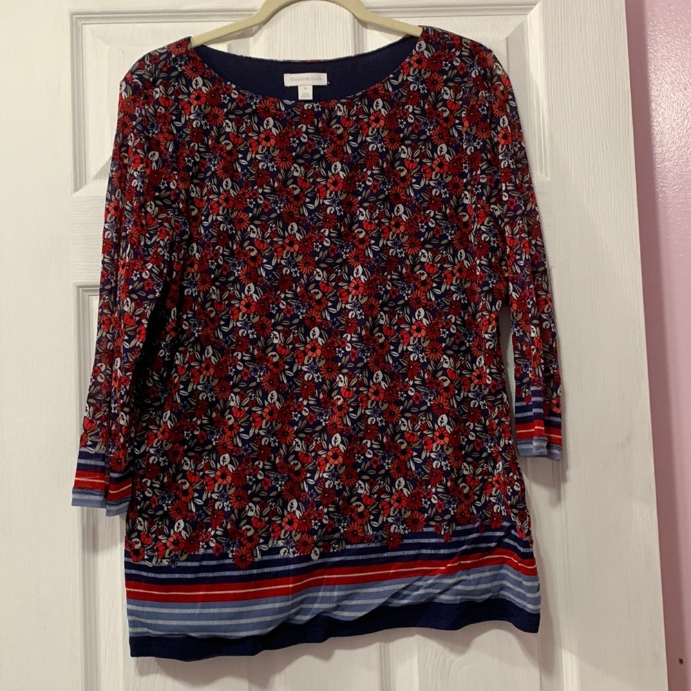 Charter club 3/4 sheer sleeve red, white & blue floral print top